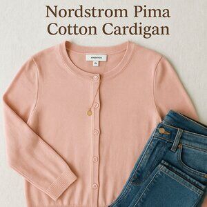 Nordstrom Pima Cotton Cardigan XS Blush Pink Lightweight Button Front Classic